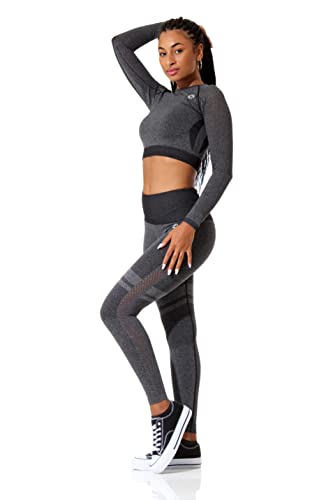 STARK SOUL Fitness Set - Crop-Top Longsleeve und Sport Leggings High Waist | Farbe: Schwarz-Melange, Größe: S von STARK SOUL