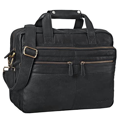 STILORD 'Explorer' Lehrertasche Leder Herren Damen Aktentasche Büro Schulter- oder Umhängetasche für Laptop mit Dreifachtrenner Echt Leder Vintage, Farbe:schwarz von STILORD