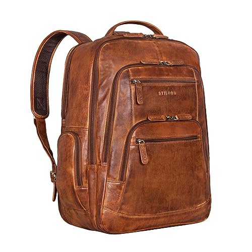 STILORD 'Igor' Lederrucksack Groß Damen und Herren Laptoprucksack 18 Zoll Leder Daypack Vintage Tagesrucksack Studenten Rucksack, Farbe:Brandy - Cognac von STILORD