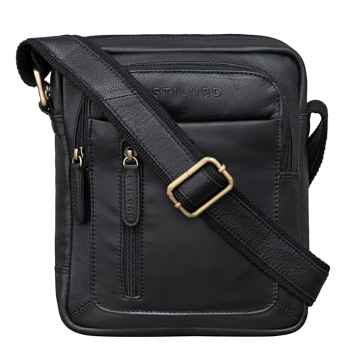 STILORD 'Jamie' Kleine Herren Ledertasche Umhängetasche Schwarz Vintage Messenger Bag Herrenhandtasche für 9.7 Zoll iPad moderne Leder Schultertasche für Männer von STILORD