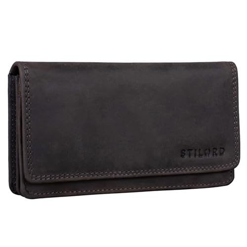 STILORD 'Lotta' Leder Geldbörse Frauen RFID und NFC Schutz Vintage Frauen Portemonnaie Quer mit Ausleseschutz in Geschenkbox, Farbe:dunkel - braun von STILORD