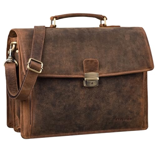 STILORD 'Noel' Aktentasche Leder Herren Vintage groß klassische Arbeitstasche Bürotasche Umhängetasche Dokumententasche mit Laptopfach 13,3 Zoll und Trolleyschlaufe, Farbe:kreta - braun von STILORD