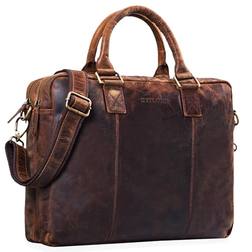 STILORD 'Zacharias' Vintage Businesstasche Leder Aktentasche groß XL 15,6 Zoll Laptoptasche Schultertasche Umhängetasche aufsteckbar Echtleder, Farbe:Zamora - braun von STILORD