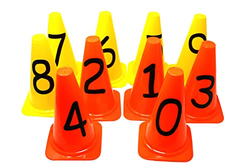 Set mit 10 Markierungskegeln | Nummern 0-9 - Höhe 23 cm | fünf gelbe und fünf orange Pylonen | Koordinationstraining, Schnelligkeitstraining von Stop! Fitness