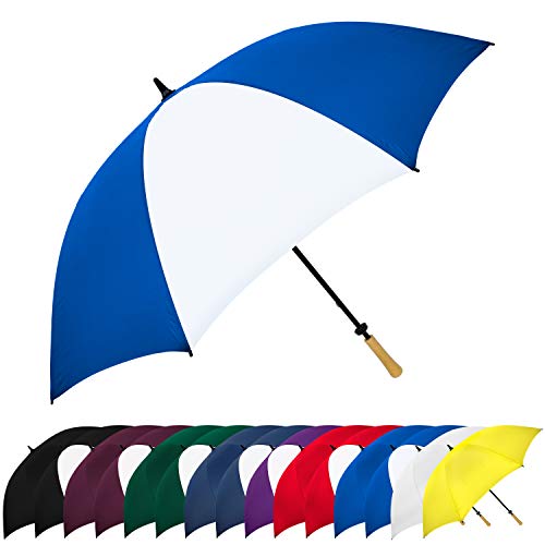 StrombergBrand Large Golf Windproof Umbrella 62 Arc Size for Men & Women – Rain Protection Outdoor Umbrellas with Wooden Handle – Manual Opening, Rustproof, Lightning Resistant, Royal Blue/White von STROMBERGBRAND UMBRELLAS