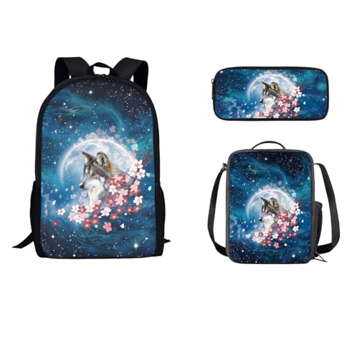 STUOARTE 3-teiliges Rucksack-Set für Jungen und Mädchen, Schulrucksack-Set mit Lunchbox, Federmäppchen, leichte Schultasche für Schüler, Galaxy Wolf Cherry Blossom - Blau und Pink, Einheitsgröße, von STUOARTE
