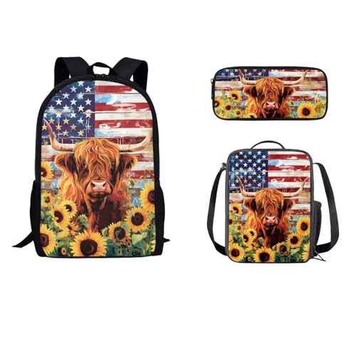 STUOARTE 3-teiliges Rucksack für Jungen und Mädchen, Schulrucksack-Set mit Lunchtasche, Federmäppchen, 43,2 cm Büchertasche für Schüler, Amerikanische Flagge von Highland Cattle Sunflower – von STUOARTE