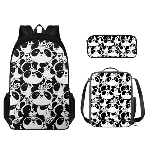 STUOARTE Kinderrucksack-Set, 3-teilig, leichte Schultasche mit passender Lunchtasche und Federmäppchen, Niedlicher Panda, Weiß und Schwarz, Einheitsgröße, Kinderrucksack von STUOARTE