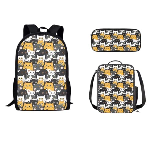 STUOARTE Rucksack für Kinder, Jungen, Mädchen, 3-teiliges Schultaschen-Set mit Lunchbox, Federmäppchen, Grundschulbüchertaschen, Cartoon-Katzen, mehrfarbig, Einheitsgröße, Reiserucksäcke von STUOARTE