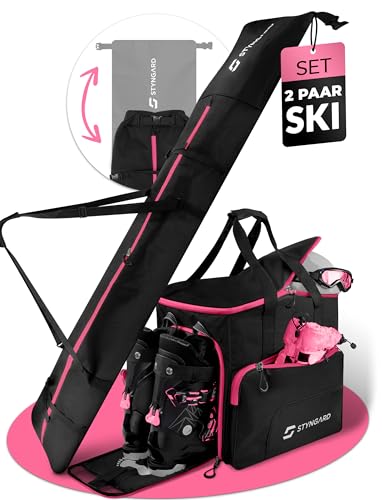 STYNGARD Skitasche Set 4-teilig (140cm-200cm) Skisack und Skischuhtasche mit Helmfach, Helmtasche, Bürste - Rolltop Skitasche und Skischuhtasche mit Lüftungsgitter Modell Salzburg von STYNGARD