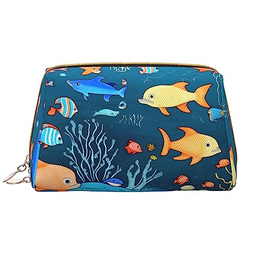 Blue Underwater World of Fish Make-up-Tasche, Leder, tragbar, groß, mit Reißverschluss, Kulturbeutel, Reisetasche, Aufbewahrungstasche, Weiß, Einheitsgröße, weiß, Einheitsgröße von STejar