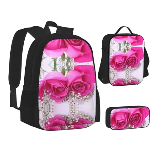 SUHNGE 3-in-1-Set mit Lotusblumen- und Libellen-Druck, Büchertasche, Lunchbox und Federmäppchen, verstellbar, rose, Einheitsgröße von SUHNGE