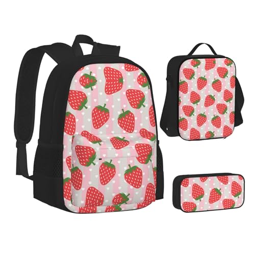 SUHNGE Rucksack mit Bier- und Krebsmuster, Schulbüchertaschen, 3-teiliges Set, Lunch-Tasche, Federmäppchen für Teenager, Mädchen, Jungen, erdbeere, Einheitsgröße von SUHNGE