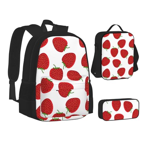 SUHNGE Rucksack mit Blättermotiv, 3-teiliges Set, Lunch-Tasche, Federmäppchen für Teenager, Mädchen, Jungen, erdbeere, Einheitsgröße von SUHNGE