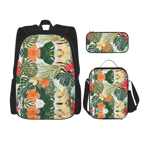 SUHNGE Rucksack mit Vegetationsblättern und Hibiskusblüten, für Mädchen, Jungen, Schultaschen, Teenager, Lunchbox und Federmäppchen, 3-in-1-Büchertaschen-Set von SUHNGE
