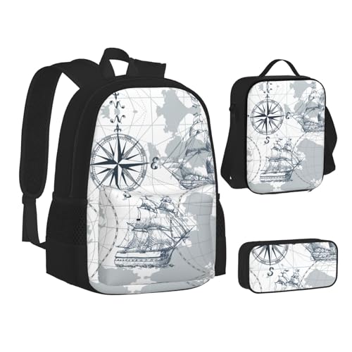 SUHNGE Rucksack mit Volleyball-Druck, Schulbüchertaschen, 3-teiliges Set, Lunch-Tasche, Federmäppchen für Teenager, Mädchen, Jungen, Bootskarte, Einheitsgröße von SUHNGE