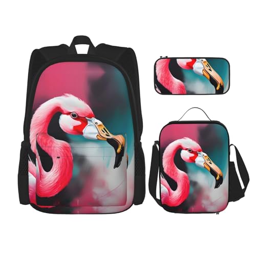 SUHNGE Schulrucksack mit Pizza-Aufdruck, verstellbare Schultergurte, Lunch-Tasche, Federmäppchen, 3-in-1-Set, Flamingo, Einheitsgröße von SUHNGE