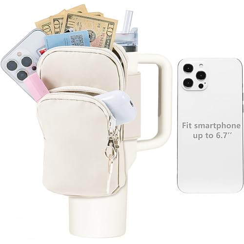 SUITMAT Große Wasserflaschentasche für Stanley Quencher Cup Tumbler, doppellagig, wasserabweisend, Tasche für iPhone 14 Pro Max, iPod Air, Kreditkarten, Schlüssel, Creme (nur Tasche) SMA010401A von SUITMAT