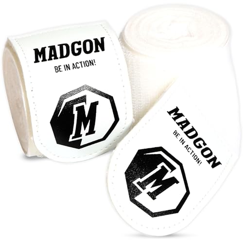 MADGON Boxbandagen in 3m 3,8m 4,5m für Männer und Frauen - Bandagen Boxen für Kickboxen, MMA, Boxer & Sparring mit Beutel - weiß von MADGON
