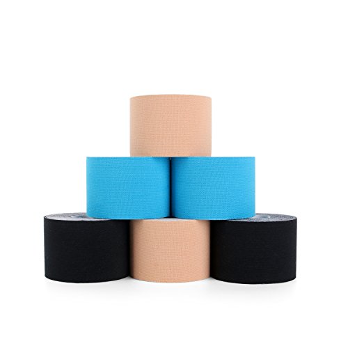 Kinesiotapes 6 Rollen, Wasserdichtes Kinesiologie Tape Physio Tape für Verletzte Muskel Erholung & Gelenk Unterstützung, 5cm x 5m pro Rolle (Schwarz, Beige, Blau) von SUPERBE