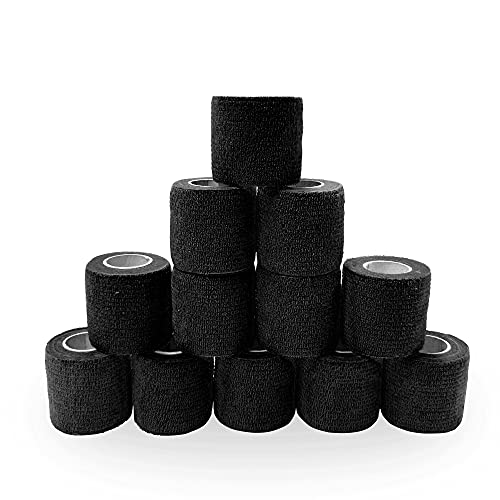 SUPERBE Selbstklebender Verband Haftbandage Selbstklebend 5cm x 4.5m, Tattoo Grip Tape Selbsthaftende Bandage Fixierbinde Selbsthaftend - Ideal für Mensch und Haustiere (Schwarz, 12-Rollen) von SUPERBE