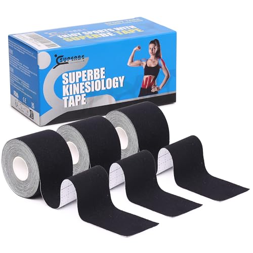 Superbe Kinesio-Tape und Physio-Tape (Packung mit 3 Rollen), kinesiologisches Tape für Leichtathletik, zur Schmerzlinderung, Genesung und Physiotherapie, 5 cm x 5 m (Schwarz) von SUPERBE