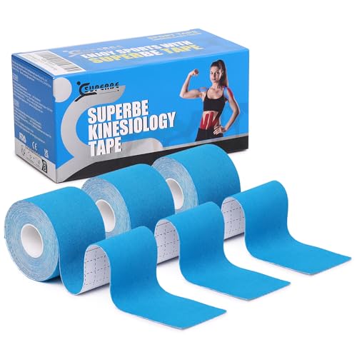 Superbe Kinesio-Tape und Physio-Tape (Packung mit 3 Rollen), kinesiologisches Tape für Leichtathletik, zur Schmerzlinderung, Genesung und Physiotherapie, 5 cm x 5 m (blau) von SUPERBE