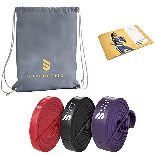 SUPERLETIC Powerbands, Widerstands-Fitness-Bänder, Pullup und Resistance-Training, 5 Stärken, rot, schwarz, lila, grün und blau, mit Workout-Guide (3ER Set (Rot, Schwarz, Lila)) von SUPERLETIC