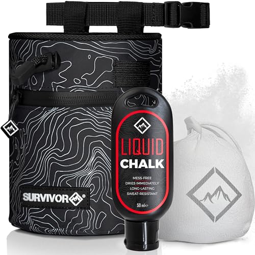 Survivor Chalk Bag + nachfüllbarer Chalk Ball + Flüssigkreide – Kordelzug & 2 Reißverschlusstaschen – Schwarze Chalk Bag zum Klettern, Bouldern, Gewichtheben mit Handkreide-Zubehör von SURVIVOR