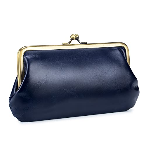 SUYGGCK Geldbörse Frauen Vintage Leder Langes Clip -Brieftasche Einfache Vielseitige Kupplungsbrieftasche-Dark Blue von SUYGGCK