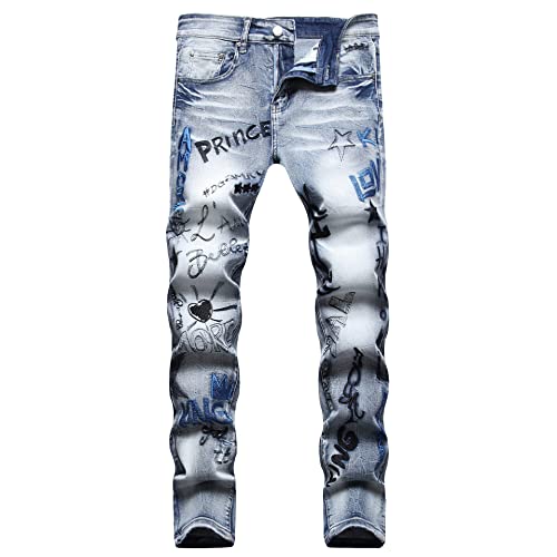 SUYGGCK Jeans Herren Männer Hip-Hop-Trend Bestickter Stretch Slim Fit Straight Jeans-Light Blue,28 von SUYGGCK