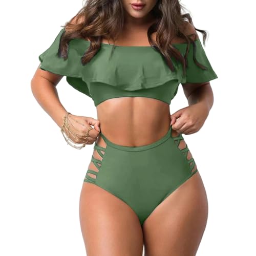 SUYHKO Bikini Badeanzug Frauen V-Neck Rüschenanzug Bauchkontrolle Hoch Geschnittene Bikini-Set-grün-m von SUYHKO