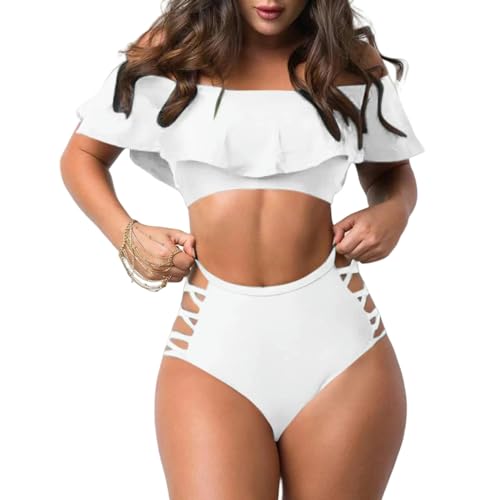 SUYHKO Bikini Badeanzug Frauen V-Neck Rüschenanzug Bauchkontrolle Hoch Geschnittene Bikini-Set-weiß-XL von SUYHKO