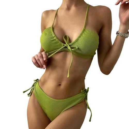 SUYHKO Bikini Damen Badeanzug Sommermodes Solid Color Bikini Zweiteilige Badekleidung Krawatte Hoher Taille Bikini Badeanzug-grün-l von SUYHKO