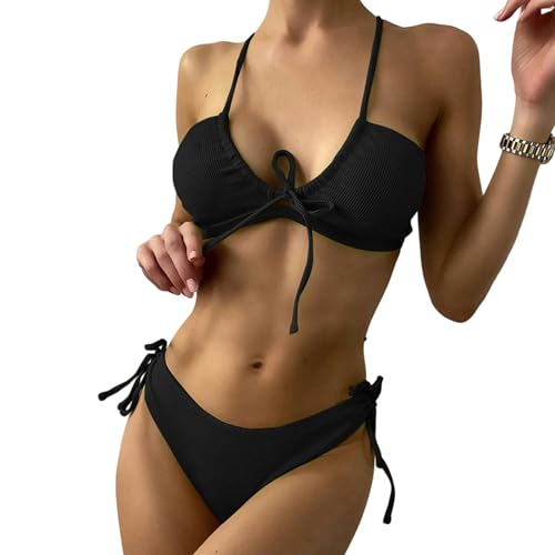 SUYHKO Bikini Damen Badeanzug Sommermodes Solid Color Bikini Zweiteilige Badekleidung Krawatte Hoher Taille Bikini Badeanzug-schwarz-XL von SUYHKO
