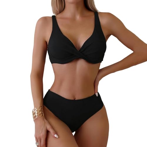 SUYHKO Bikini Vintage Bikini Sets Badeanzug Frauen Anzüge Badebekleidung Solid Farbe Deep V-Ausschnitt Badeanzug Strand-schwarz-XL von SUYHKO