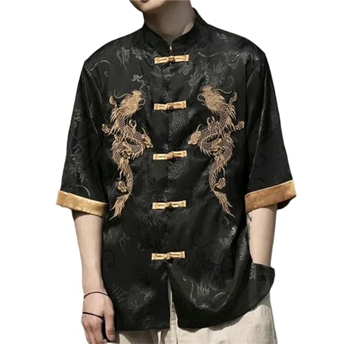 SUYHKO T Shirt Herren Sommer Chinese Traditionelle Kleidung Plus Größe Hemd Männer Kleidung Kurzarm Vintage Tops-Schwarz-3Xl 82 Bis 88 Kg von SUYHKO