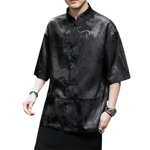 SUYHKO T Shirt Herren Sommer Chinese Traditionelle Kleidung Plus Größe Hemd Männer Kleidung Kurzarm Vintage Tops-Schwarz-4Xl 89 Bis 95 Kg von SUYHKO