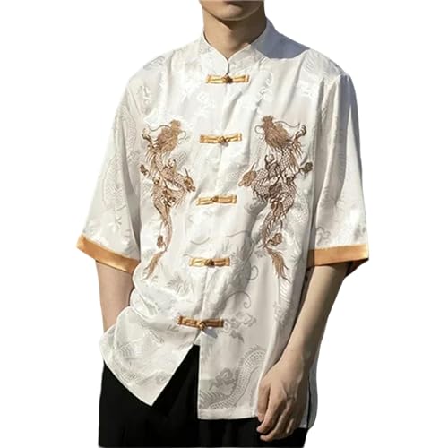 SUYHKO T Shirt Herren Sommer Chinese Traditionelle Kleidung Plus Größe Hemd Männer Kleidung Kurzarm Vintage Tops-Weiss-5Xl 94 Bis 103 Kg von SUYHKO
