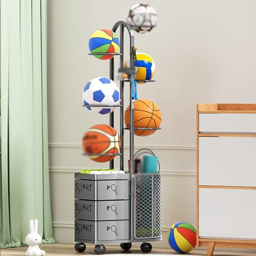 SUYUDD 6-stöckiges Ballregal, Metall-Basketballständer, Ballhalter mit 6 abnehmbaren Hängestangen und Seitenkorb, vertikaler Sportgeräte-Organizer für die Garage von SUYUDD