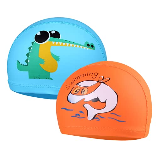 Badekappe Kinder x 2 Stück - Schwimmkappe Kinder, Bademütze Kinder, Schwimmmütze Kinder Jungen Mädchen für Alter 4-10 (Hellblau1+Orange1) von SWAUSWAUK