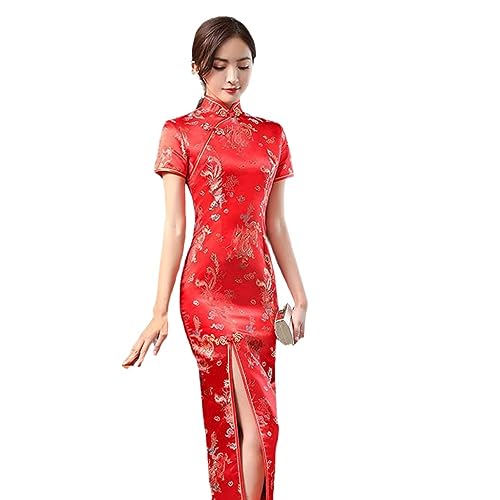 SWEPER Chinesisches Kleid Für Damen – Sexy Langer Rock, Brokat-Satin, Lange Gabel, Cheongsam, Chinesisches Klassisches Damen-Qipao, Kurzärmelig, Sexy Hochzeitsabend-Partykleid, Rot, XXL von SWEPER