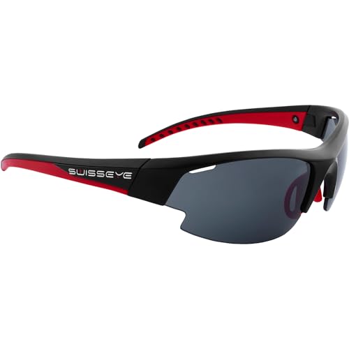 Swisseye Gardosa Re+ Sportbrille (100% UVA-, UVB- und UVC-Schutz, verstellbarer Nasenbereich, splitterfreies Material TR90, inkl. Etui & Wechselscheibe, inkl. Mikrofaserbeutel), black matt/red, 135 mm von SWISSEYE