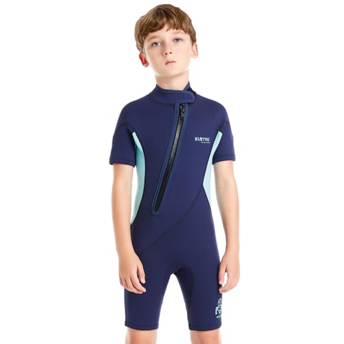 SXSHUN Neoprenanzug Kinder Jungen Mädchen 1.5/2MM Einteiler Neoprenanzug UV Sonnenschutz Tauchanzug Kurzärmeliger Schwimmanzug Neopren Shorty Wetsuit, Blau, 6/118-126CM/18-25KG von SXSHUN