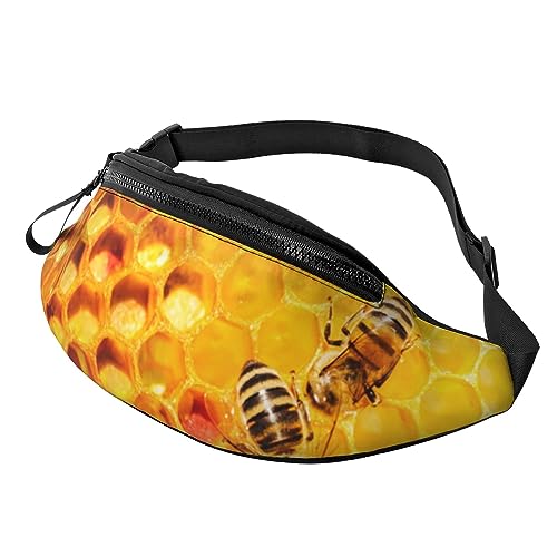 Bauchtasche mit Kopfhöreranschluss und Taschen, verstellbarer Gürtel für Outdoor, Workout, Wandern, Biene auf Wabenwaben, Einheitsgröße von SYLALE