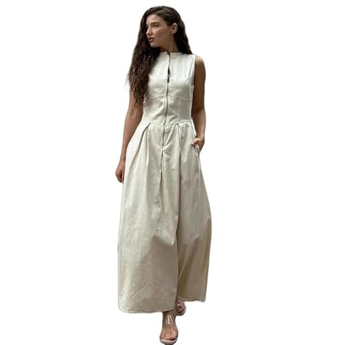SYLDMKJ Damenkleider Women's Dresses O-Gar Ärmelloses Langkleid Frauen Mode Hohe Taille Reißverschluss Kleider Büro Büro Dame Pendelroben-Reis Weiß-L von SYLDMKJ
