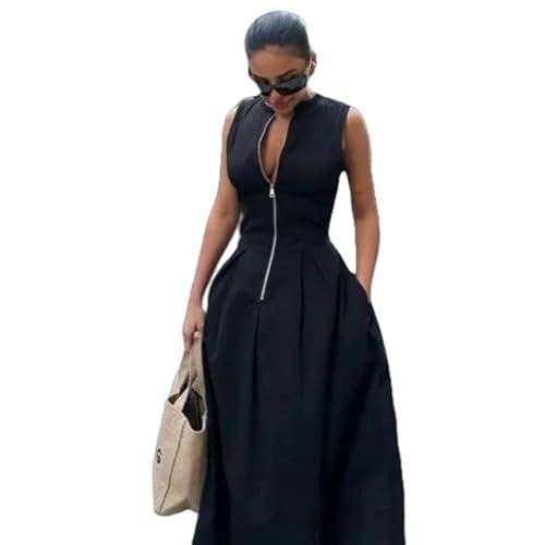SYLDMKJ Damenkleider Women's Dresses O-Gar Ärmelloses Langkleid Frauen Mode Hohe Taille Reißverschluss Kleider Büro Büro Dame Pendelroben-Schwarz-L von SYLDMKJ