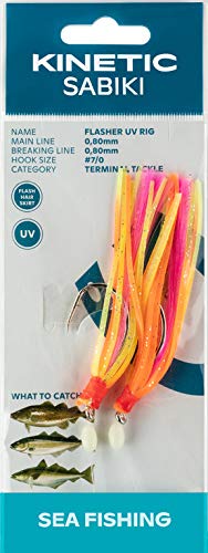 Kinetic Sabiki Flasher - Vorfach mit Gummifransen und Tinsel, 3 Farben, 2 Haken Größe 7/0, Länge 130cm, Schnur 0,80mm (Orange/Yellow/Pink) von Sabiki