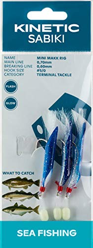 Sabiki Kinetic Mini Makk Rig - Vorfach mit Gummischlauch und Fransen, 3 Farben, Länge 130cm, 3 Haken 5/0, 0,70mm/0,60mm (Blue/Silver) von Sabiki