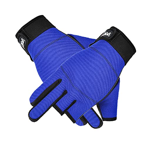 SagaSave Fingerlose Mechaniker Arbeitshandschuhe, 3 freiliegende fingerlose Fahrradhandschuhe, Unisex Anti-Rutsch-Handschuhe für Outdoor Angeln Fahren Arbeiten (blau) von SagaSave
